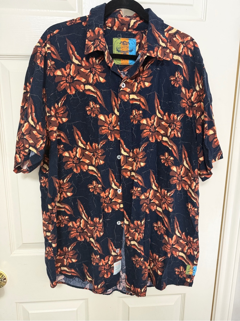 Margaritaville Navy Short-Sleeve Button-Down with Rust Floral Print